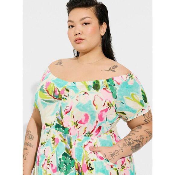 NWT Torrid 1X Floral Print Mini Supersoft Off Shoulder Skater Dress Size 14-16 - Picture 4 of 8